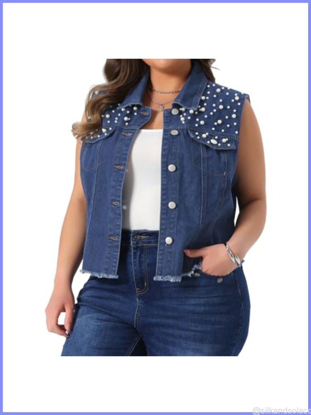 Plus Size Embroidered Pearl Frayed Denim Vest Lightweight